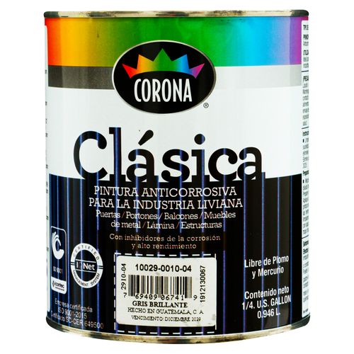 Pintura Anticorrosiva Marca Corona Clasica Libre De Plomo Y Mercurio Color Gris Brillante - 946 ml