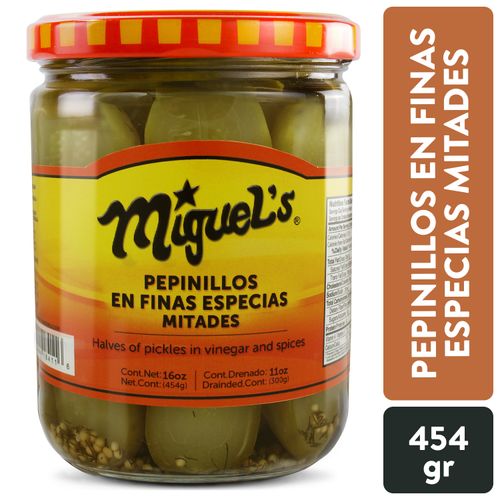 Pepinillos Miguel's en Finas Especias Mitades - 454 g