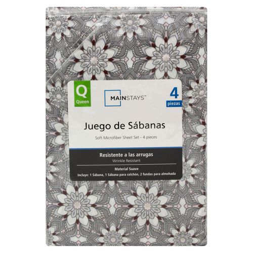 Set de sábana Mainstays estampado floral gris  queen - 4 Pzas
