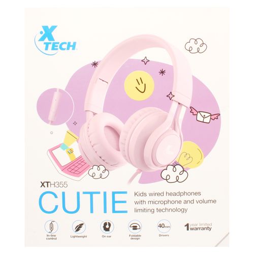 Auriculares alámbricos Xtech Cutie rosado con micrófono en línea para niños