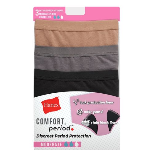 Boyshort Hanes, de Periodo para mujer, flujo Moderado, 3 pack surtido -Talla 8