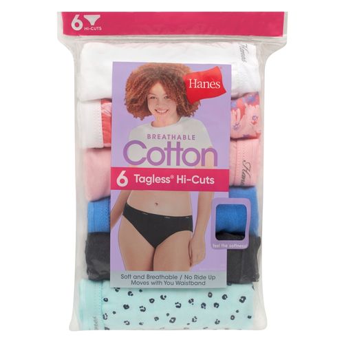 Panti Hanes, Corte Alto de Algodón, 6 pack surtido -Talla 10