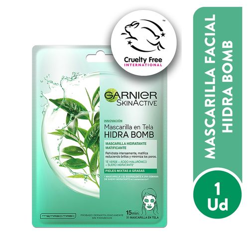 Mascarilla Facial En Tela Active Hidra Bomb Garnier Skin - Té Verde Hidratante Matificante - 28 g