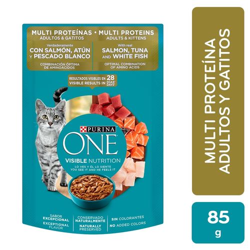 Comida para Gatitos y gatos adultos Purina One sabor a Salmón, atún y pescado blanco - 85 g