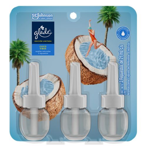 Aromatizante Glade Aceites Naturales Coco Vibes 3 repuestos 63ml