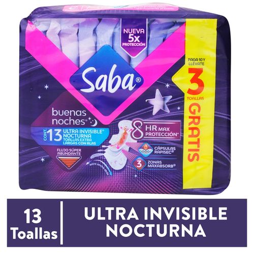 Toallas Femeninas Saba Buenas Noches Ultra Invisible, Flujo Súper Abundante Con Alas - 10 uds
