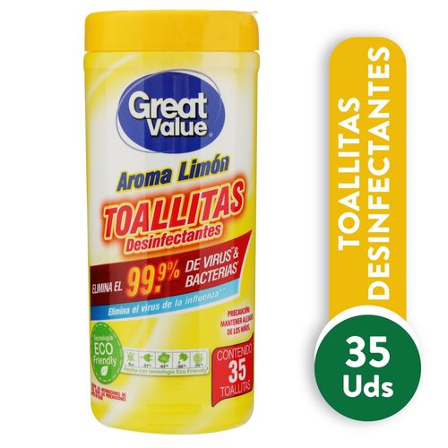 Toallitas Great Value Desinfectantes Aroma Limón - 35 Uds