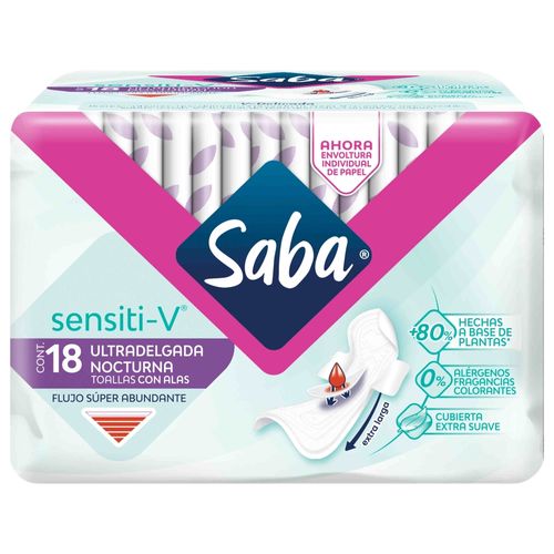 Toallas Femeninas Saba Sensiti-V Ultradelgada Nocturna flujo Súper Abundante Con Alas - 18 Uds