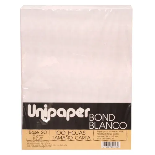 Papel Bond Blanco B20  Tamano Carta- 100 Hojas