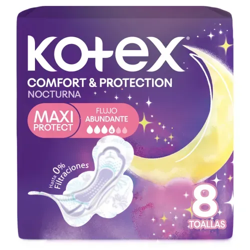 Toallas Femeninas Kotex Nocturna Maxi Comfort & Protección - 8 Unidades