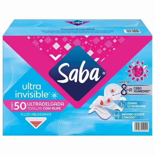 Toallas Femeninas Saba Ultra Invisible Ultradelgada Día con alas  Flujo abundante - 50 piezas