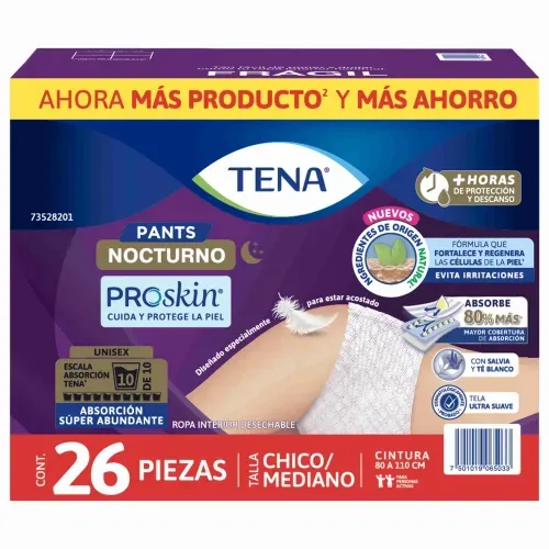 Ropa interior unisex tipo calzón Tena Pants Nocturno Absorción Abundante para la noche Talla Chico Mediano - 26 piezas