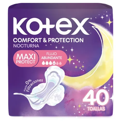 Toallas Femeninas Kotex Nocturna Maxi Comfort & Protección - 40 Unidades