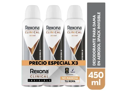 3 pack Desodorante Rexona en aerosol dama clinical Invisible 450 ml