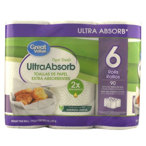 Toalla Great Value de Papel 90 hojas - 6 Uds