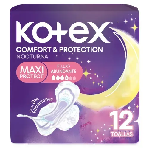 Toallas Femeninas Kotex Nocturna Maxi Comfort & Protección - 12 Unidades