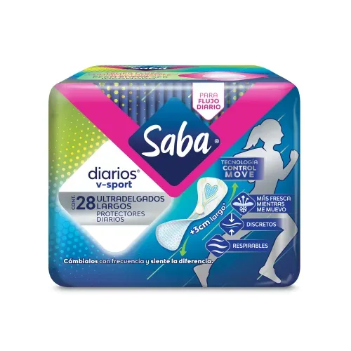 Protectores Diarios Saba ® V-Sport Ultradelgado Largo para flujo vaginal y sudor - 28 piezas