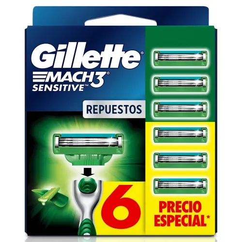 Repuestos Afeitar Gillette Mach3 Sensitive Aloe Piel Sensible - 6 Uds