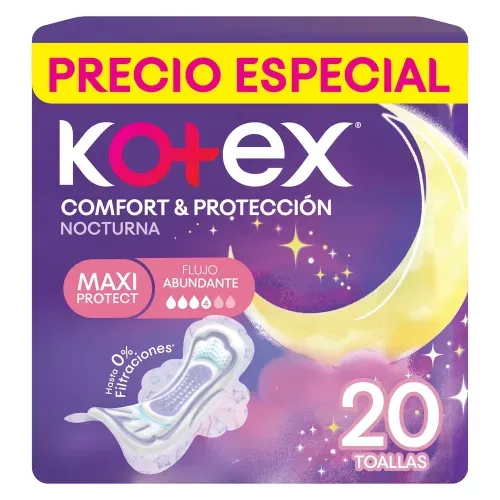 Toallas Femeninas Kotex Nocturna Maxi Comfort & Protección - 20 Unidades