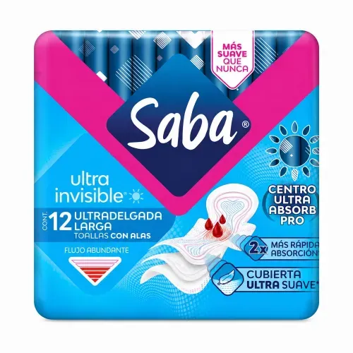 Toallas Femeninas Saba Ultradelgada Ultra Invisible Día con alas Flujo abundante - 12 piezas​