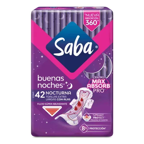 Toallas Femeninas Saba Buenas Noches Nocturna con alas flujo súper abundante - 42 piezas